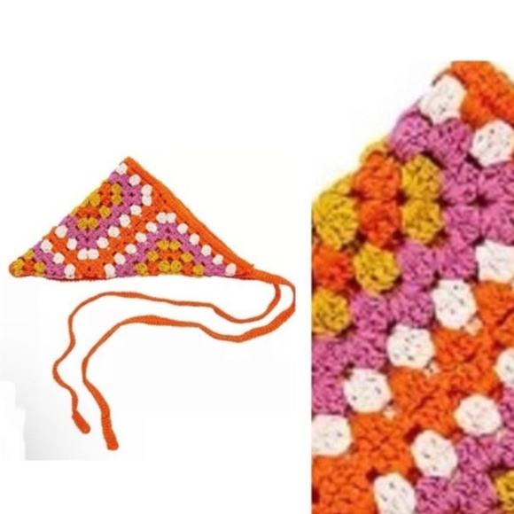 Pink Linen | Multicolor Square Pattern Orange Crochet Bandana - Picture 6 of 6